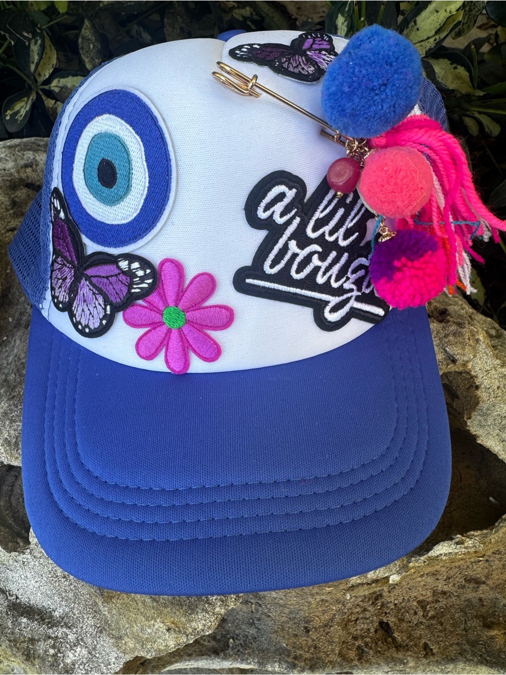 Evil Eye Blue and White Decorative Trucker Hat with Pom-Pom Charms